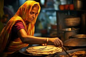 ai généré une femme fabrication pains plats dans une cuisine photo