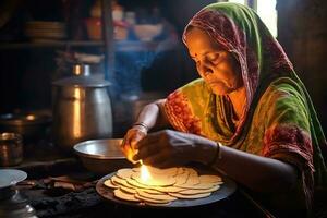 ai généré une traditionnel Indien cuisinier en train de préparer nourriture photo