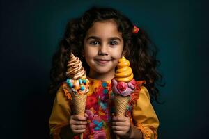 ai généré une peu fille Heureusement en portant deux coloré la glace crème cônes photo