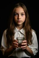 ai généré une Jeune fille détient une verre de l'eau photo