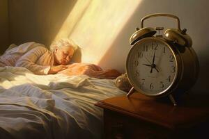 ai généré un plus âgée femme sieste suivant à une l'horloge sur une chevet table photo