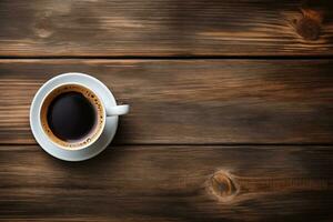 ai généré café tasse sur vieux en bois table Haut vue par génératif ai photo