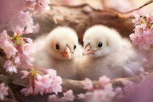 ai généré deux petit duveteux blanc poussins dans une nid sur une arbre avec rose fleurs. printemps et sauvage la nature. ai généré photo