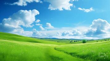 ai généré réalité photo de magnifique vert des champs et bleu ciel, une très étourdissant vue