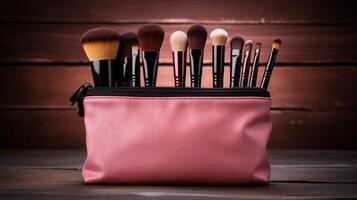 ai généré réalité photo maquillage sac avec produits de beauté et brosses