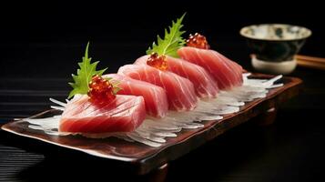 ai généré réalité photo thon sashimis, brut poisson dans traditionnel Japonais style, est très délicieux à manger