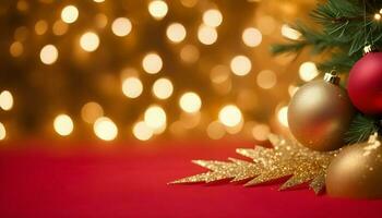 ai généré Noël décoration frontière avec sapin branches et d'or briller confettis et scintille de lumières brouiller bokeh sur rouge Contexte. brillant Noël et Nouveau année photo