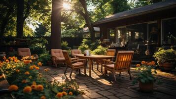 ai généré arrière-cour jardin terrasse en bois table et chaise plein de fleurs et vert arbre, ombre zone. photo