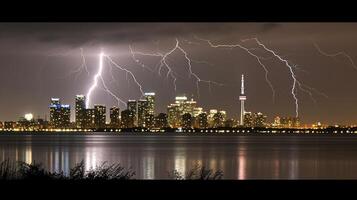 ai généré spectaculaire foudre orage plus de toronto horizon à nuit, natures fureur se rencontre Urbain splendeur photo