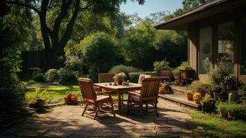 ai généré arrière-cour jardin terrasse en bois table et chaise plein de fleurs et vert avec chaud lumière. photo