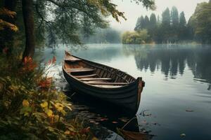 ai généré en bois bateau sur une tranquille Lac ,canoë sur le Lac dans le l'automne forêt. magnifique paysage ai généré photo