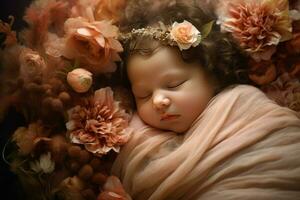 ai généré née bébé en train de dormir dans fleur panier ai généré photo