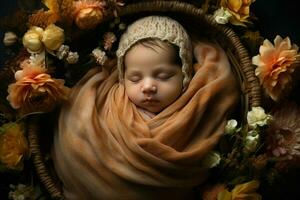 ai généré née bébé en train de dormir dans fleur panier ai généré photo