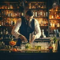 ai généré barman est fabrication une cocktail dans une boîte de nuit à le bar compteur , expert barman est fabrication des cocktails à le bar ai généré photo