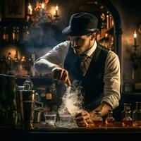 ai généré barman est fabrication une cocktail dans une boîte de nuit à le bar compteur , expert barman est fabrication des cocktails à le bar ai généré photo