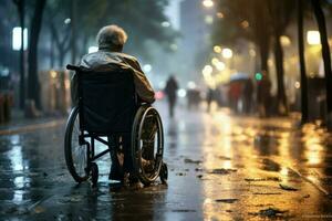 ai généré un vieux homme est séance dans une fauteuil roulant sur une il pleut ville ,âgé homme dans une fauteuil roulant sur le Contexte de le ville, ai généré photo