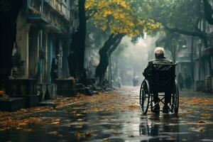 ai généré un vieux homme est séance dans une fauteuil roulant sur une il pleut ville ,âgé homme dans une fauteuil roulant sur le Contexte de le ville, ai généré photo