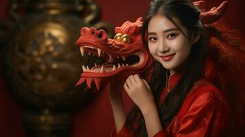 ai généré asiatique fille avec dragon. chinois Nouveau année festival. photo