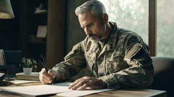 ai généré militaire homme à le bureau. armée vétéran. guerre. photo