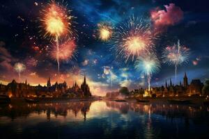 ai généré spectaculaire feux d'artifice afficher plus de magnifique rivière, feux d'artifice plus de nuit rivière ciel, vacances arrière-plan, brillant coloré lumières ai généré photo