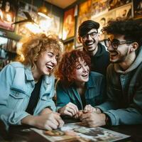 ai généré groupe de Jeune copains ayant une bien temps, bien amis. amusement fois. de une groupe de copains en riant ai généré photo