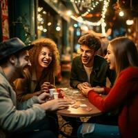 ai généré groupe de Jeune copains ayant une bien temps, bien amis. amusement fois. de une groupe de copains en riant ai généré photo