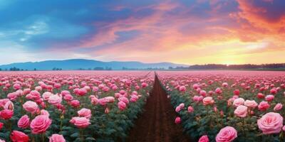 ai généré Rose champ dans le lever du soleil Matin avec magnifique ciel photo