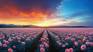 ai généré Rose champ dans le lever du soleil Matin avec magnifique ciel photo