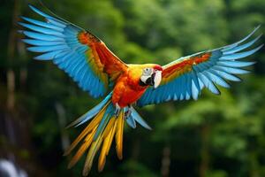 ai généré en volant ara perroquet, coloré amazone ara perroquet contre jungle, faune et forêt tropicale exotique tropical des oiseaux ai généré photo
