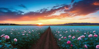 ai généré Rose champ dans le lever du soleil Matin avec magnifique ciel photo