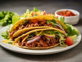 ai généré délicieux mexicain tacos avec Viande et des légumes. traditionnel nourriture, Latin Américain, mexicain cuisine. photoréaliste, Contexte avec bokeh effet. ai généré. photo