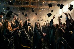 ai généré content fille diplômé. fille graduation célébrer académique réalisation. l'obtention du diplôme casquettes jeté dans le air. ai généré photo