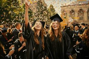 ai généré content fille diplômé. fille graduation célébrer académique réalisation. l'obtention du diplôme casquettes jeté dans le air. ai généré photo