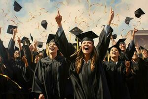 ai généré content fille diplômé. fille graduation célébrer académique réalisation. l'obtention du diplôme casquettes jeté dans le air. ai généré photo