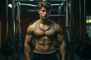 ai généré Jeune bodybuilder homme à salle de sport, Jeune Masculin bodybuilder montrant le sien corps et posant et Faire des sports des exercices dans le Gym ai généré photo