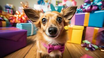 ai généré photo de une malicieux chien furtivement en dehors de derrière une pile de cadeaux. génératif ai