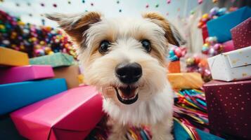 ai généré photo de une malicieux chien furtivement en dehors de derrière une pile de cadeaux. génératif ai