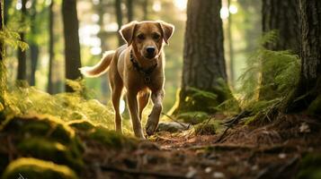 ai généré photo de un aventureux chien explorant une dense forêt. génératif ai