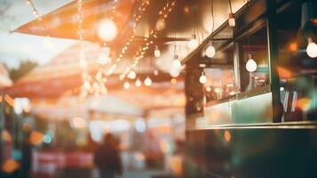 ai généré génératif ai, nourriture un camion rue festival, flou lumières arrière-plan, atmosphérique bokeh, en sourdine couleurs photo