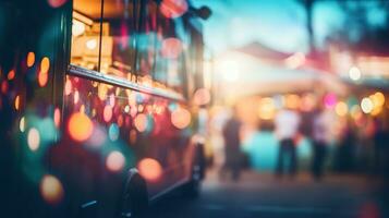 ai généré génératif ai, nourriture un camion rue festival, flou lumières arrière-plan, atmosphérique bokeh, en sourdine couleurs photo