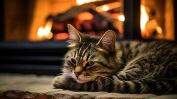 photo de une chat séance à côté de une chaud cheminée. génératif ai