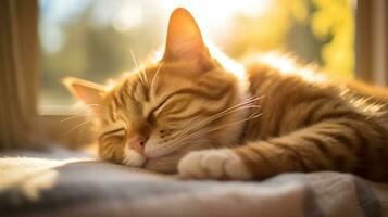 ai généré photo de une chat sieste dans une rayon de soleil sur une doux tapis. génératif ai