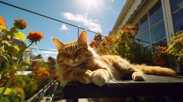ai généré photo de une chat se prélasser sur une ensoleillé balcon. génératif ai