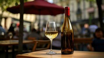 ai généré génératif ai, verre de blanc du vin et bouteille sur en bois table avec brouiller Contexte avec lumières de rue bar, café, café magasin ou restaurant, du vin moquer en haut photo