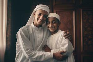 ai généré réconfortant moment de une homme étreindre une Jeune garçon photo