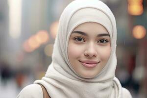 ai généré une femme portant une foulard, souriant vivement et posant pour le caméra photo