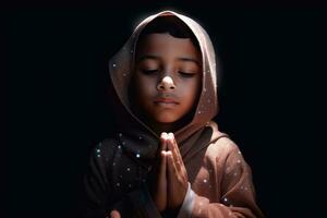 ai généré une Jeune garçon prier avec plié mains dans le lumière photo