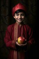 ai généré le souriant enfant détient une fruit - pomme, habillé dans culturel Vêtements photo