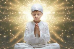 ai généré une Jeune garçon dans une blanc robe est assis dans méditation, de liaison avec le divin. photo