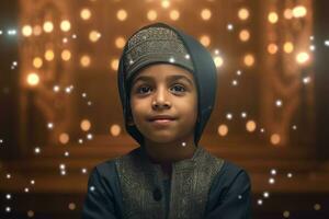 ai généré une Jeune garçon dans une grand chapeau et longue manche chemise photo